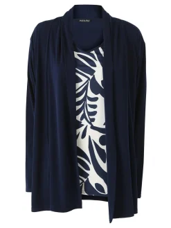 Miss E Co Set donna 2 pezzi con cardigan e t-shirt in viscosa con stampe linea curvy - blu scuro