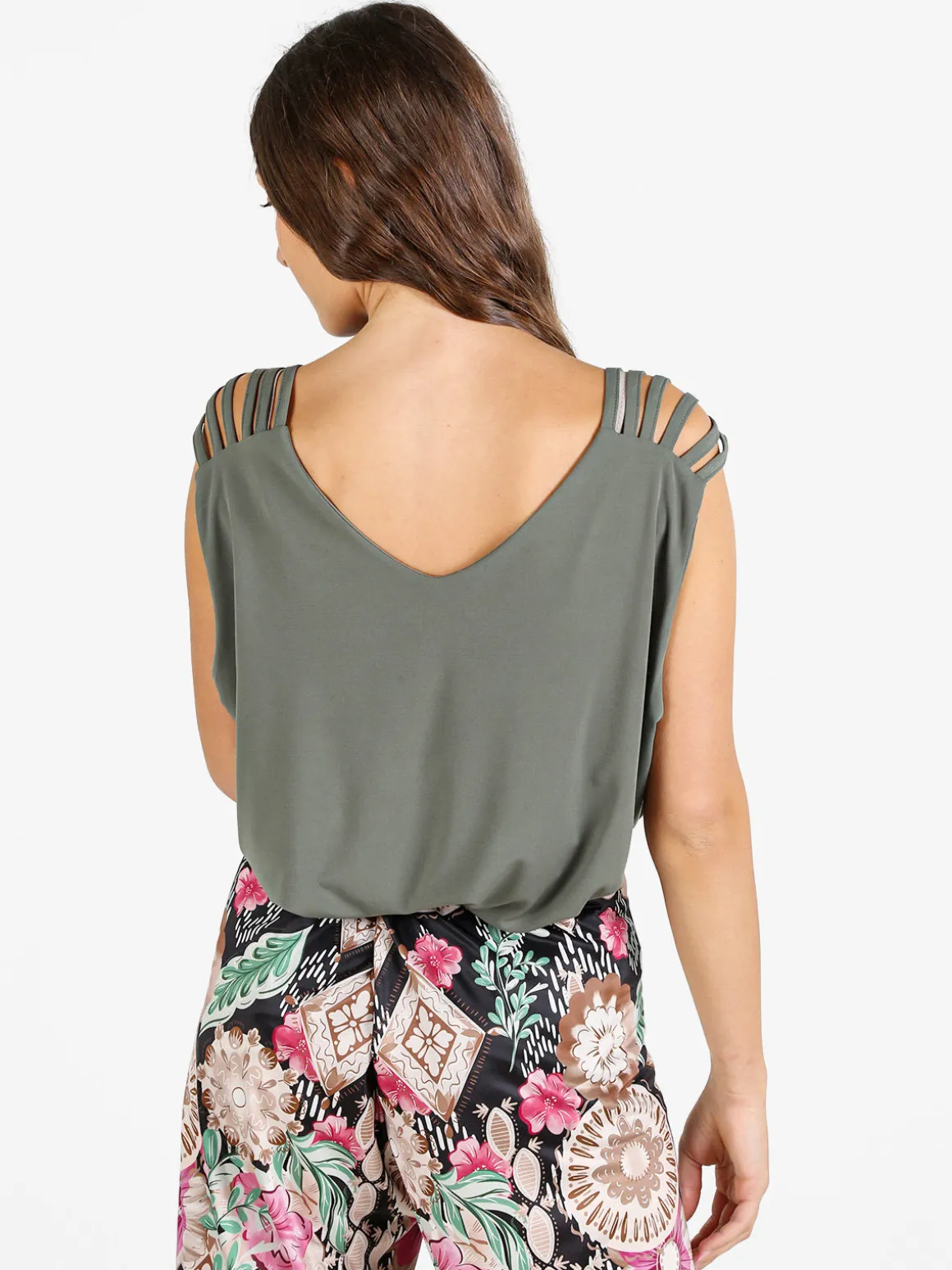 Miss E Co Top donna smanicato con scollo a V linea curvy