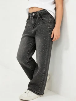 Miss & Girls Jeans da bambina a gamba larga con strass - nero