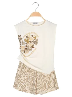 Miss Image Completo corto da ragazza in cotone con top e shorts - beige