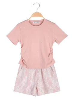 Miss Image Completo 2 pezzi da bambina con t-shirt e shorts ricamati - cipria