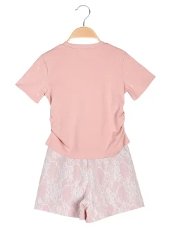 Miss Image Completo 2 pezzi da bambina con t-shirt e shorts ricamati - cipria