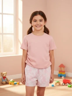Miss Image Completo 2 pezzi da bambina con t-shirt e shorts ricamati - cipria