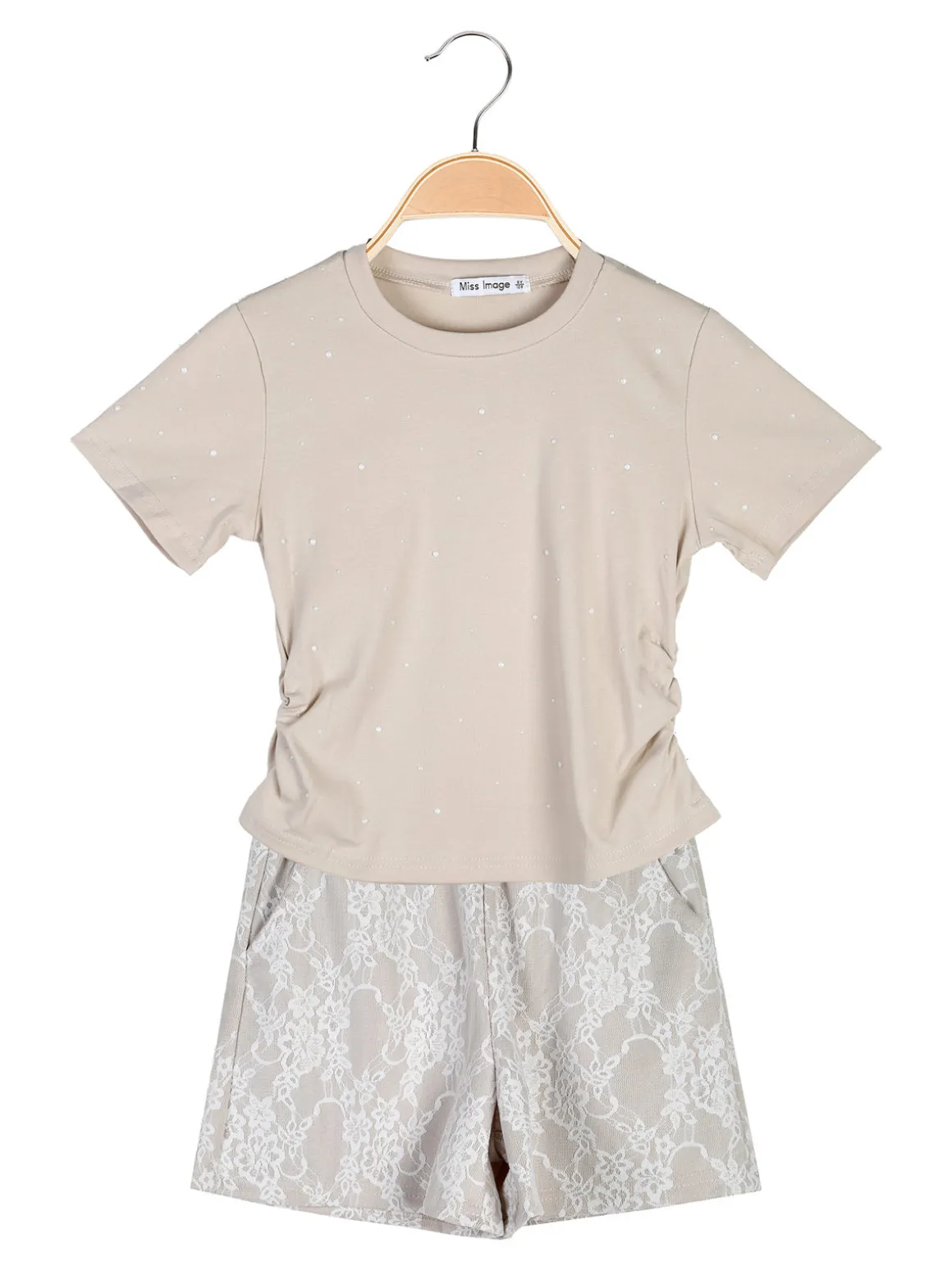 Miss Image Completo 2 pezzi da bambina con t-shirt e shorts ricamati - beige