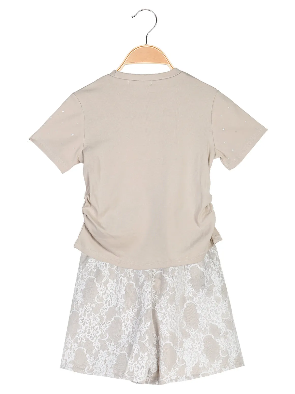Miss Image Completo 2 pezzi da bambina con t-shirt e shorts ricamati - beige