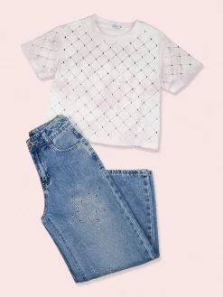Miss Image Jeans da bambina wide leg con strass - blu