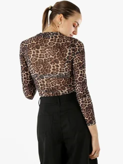 Miss Kimery Top body donna animalier a maniche lunghe - beige
