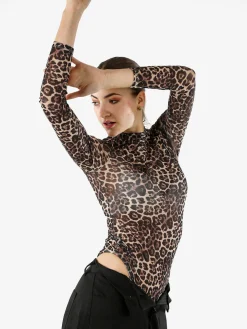 Miss Kimery Top body donna animalier a maniche lunghe - beige