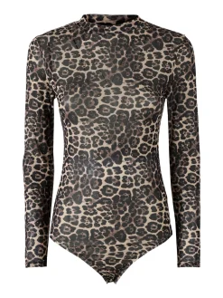 Miss Kimery Top body donna animalier a maniche lunghe - beige