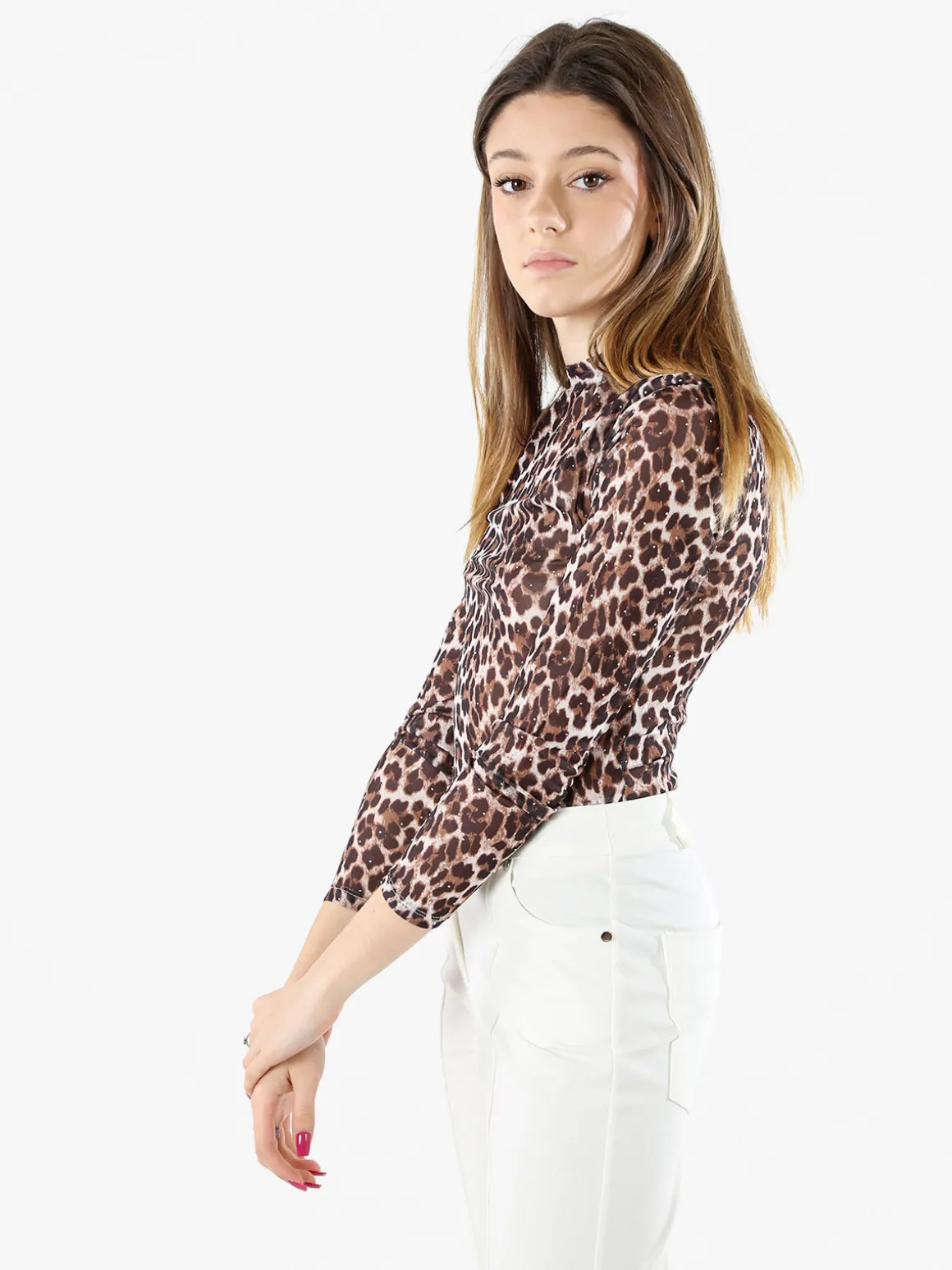 Miss Kimery Top body donna animalier a maniche lunghe - multicolore