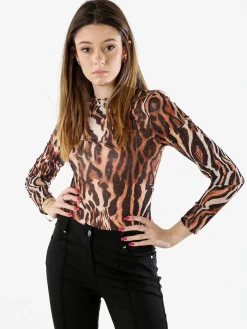 Miss Kimery Top body donna animalier a maniche lunghe - marrone