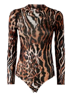 Miss Kimery Top body donna animalier a maniche lunghe - marrone