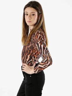 Miss Kimery Top body donna animalier a maniche lunghe - marrone