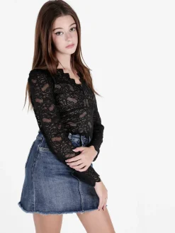 Miss Kimery Top donna in pizzo a maniche lunghe con scollo a V