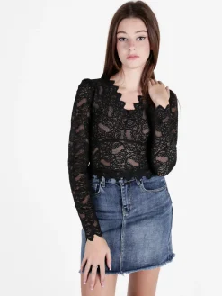 Miss Kimery Top donna in pizzo a maniche lunghe con scollo a V