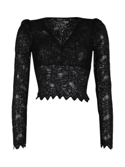 Miss Kimery Top donna in pizzo a maniche lunghe con scollo a V
