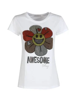 Miss Kiss T-shirt donna fiore con strass colorati