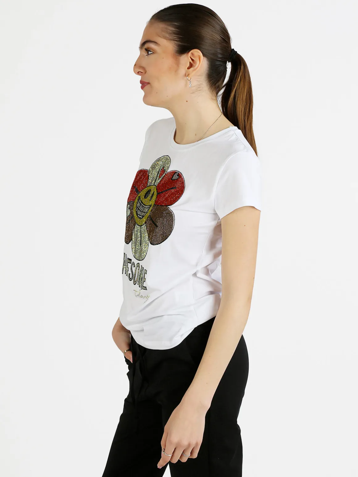 Miss Kiss T-shirt donna fiore con strass colorati