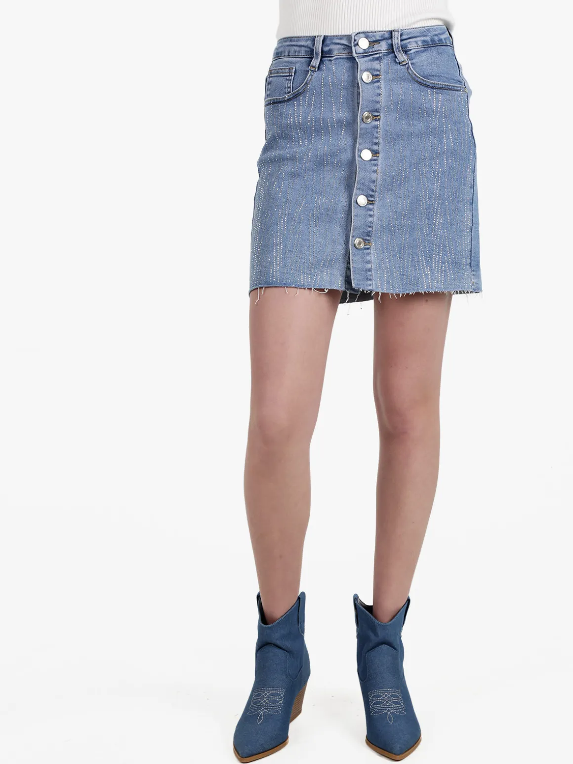 Miss Sister Gonna in jeans da donna con bottoni e strass