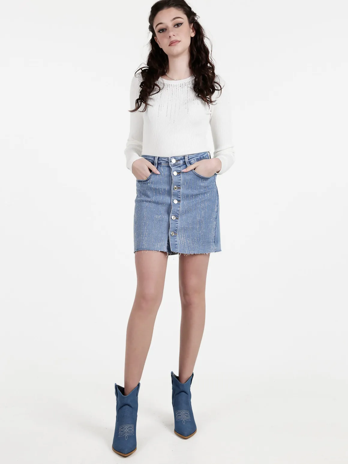 Miss Sister Gonna in jeans da donna con bottoni e strass