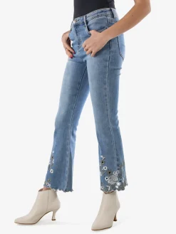 Miss Sister Jeans donna crop a zampa con ricami sul fondo - jeans