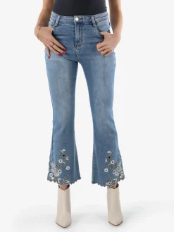 Miss Sister Jeans donna crop a zampa con ricami sul fondo - jeans