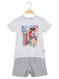 Mix'N Match T-shirt con stampa disegni e strass + shorts completo in cotone estivo
