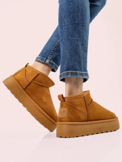 M.N.G. Collection Stivaletti donna scamosciati con platform e fodera in ecopelliccia - cammello