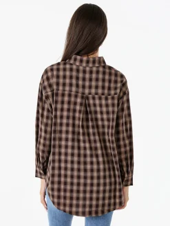 Monique Camicia donna a maniche lunghe con stampa a quadri e taschino - marrone