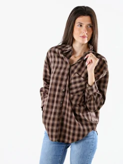 Monique Camicia donna a maniche lunghe con stampa a quadri e taschino - marrone