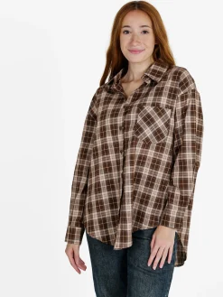 Monique Camicia donna oversize a quadri con taschino - marrone