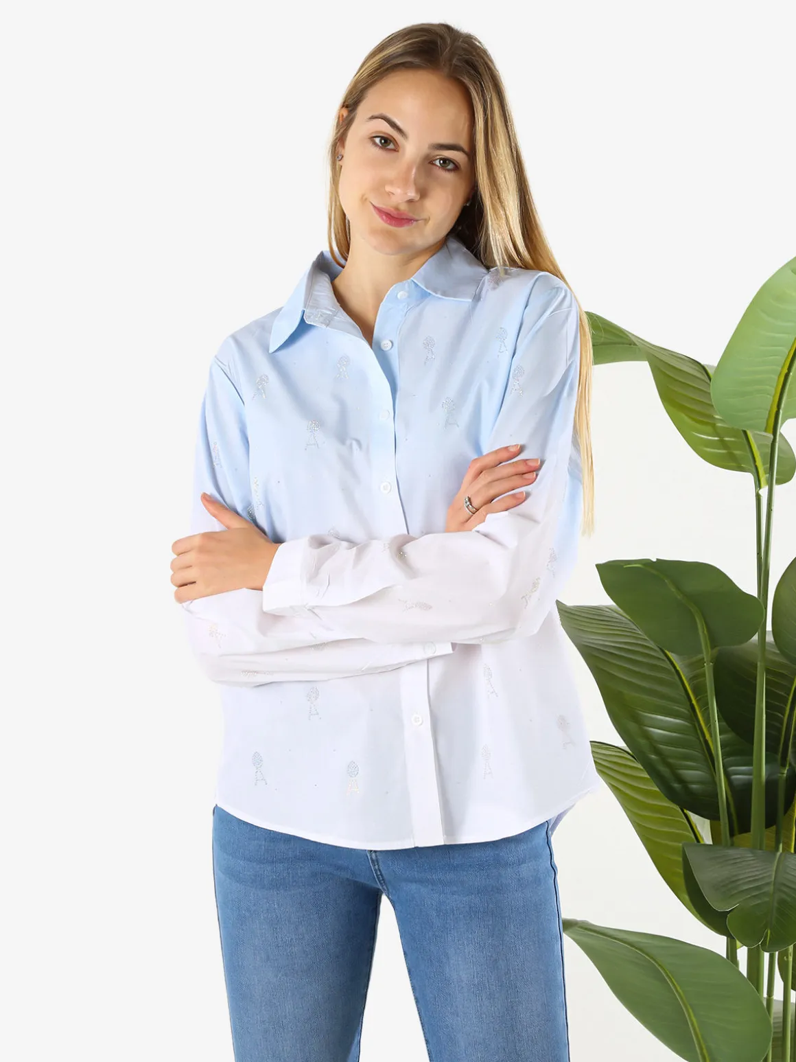 Monte Cervino Camicia donna a maniche lunghe sfumata con strass - azzurro