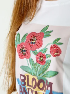 Monte Cervino T-shirt da donna in cotone con stampa fiori e strass - rosso