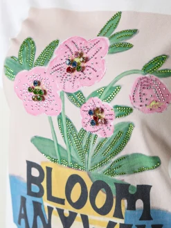 Monte Cervino T-shirt da donna in cotone con stampa fiori e strass - rosa