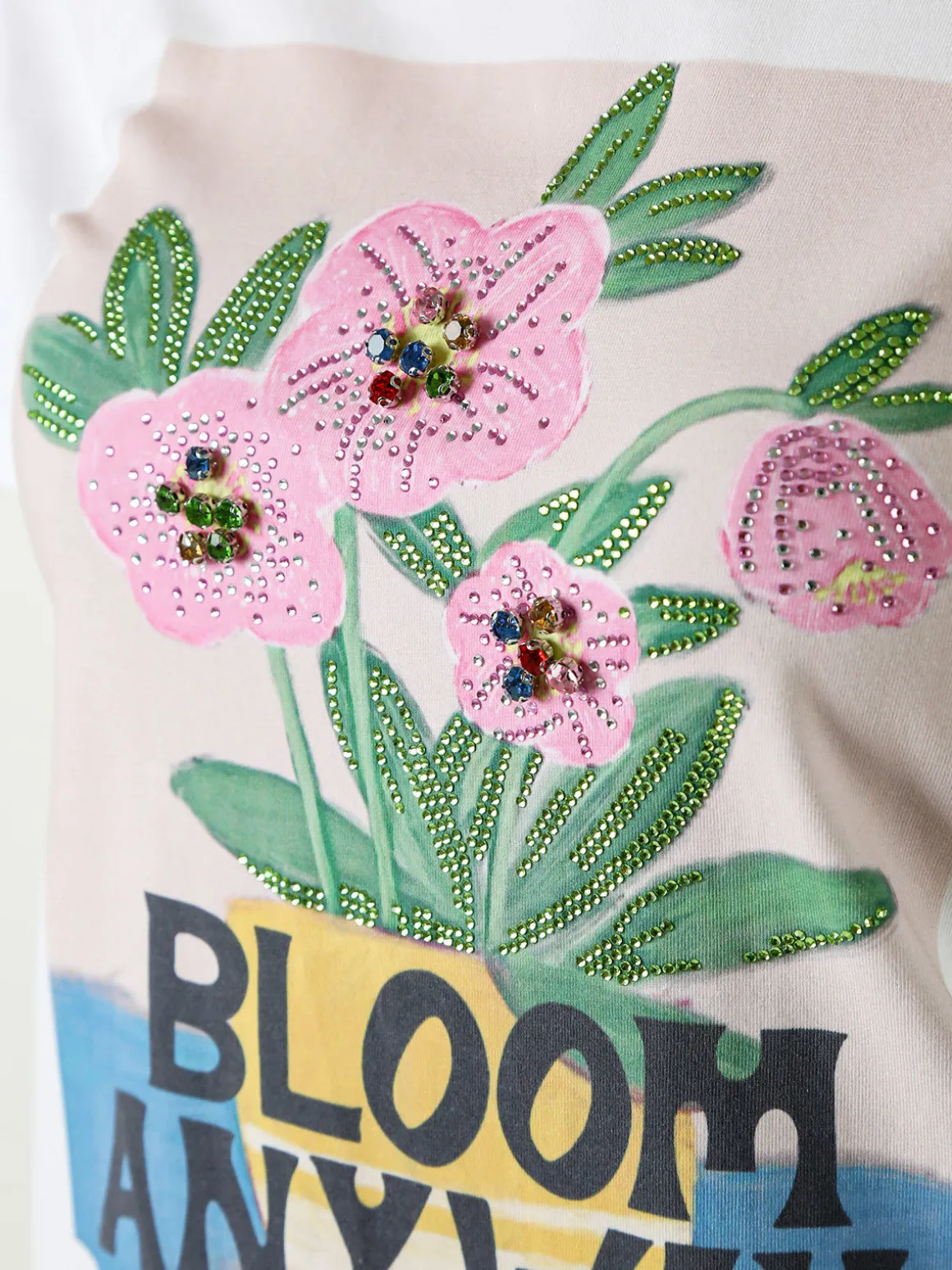Monte Cervino T-shirt da donna in cotone con stampa fiori e strass - rosa