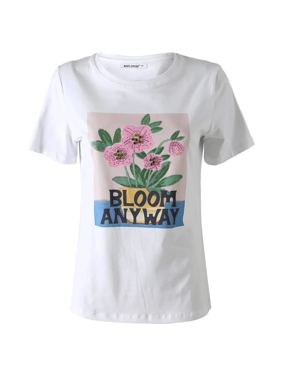 Monte Cervino T-shirt da donna in cotone con stampa fiori e strass - rosa