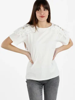 Monte Cervino T-shirt donna con ricami in macramè e bottoni decorati