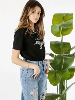 Monte Cervino T-shirt donna in cotone con perle e strass - nero