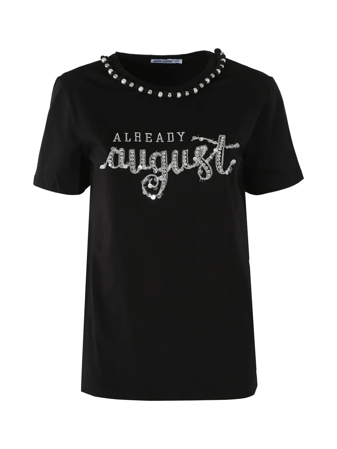 Monte Cervino T-shirt donna in cotone con perle e strass - nero