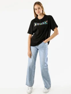 Monte Cervino T-shirt donna in cotone oversize con ricami e strass - nero