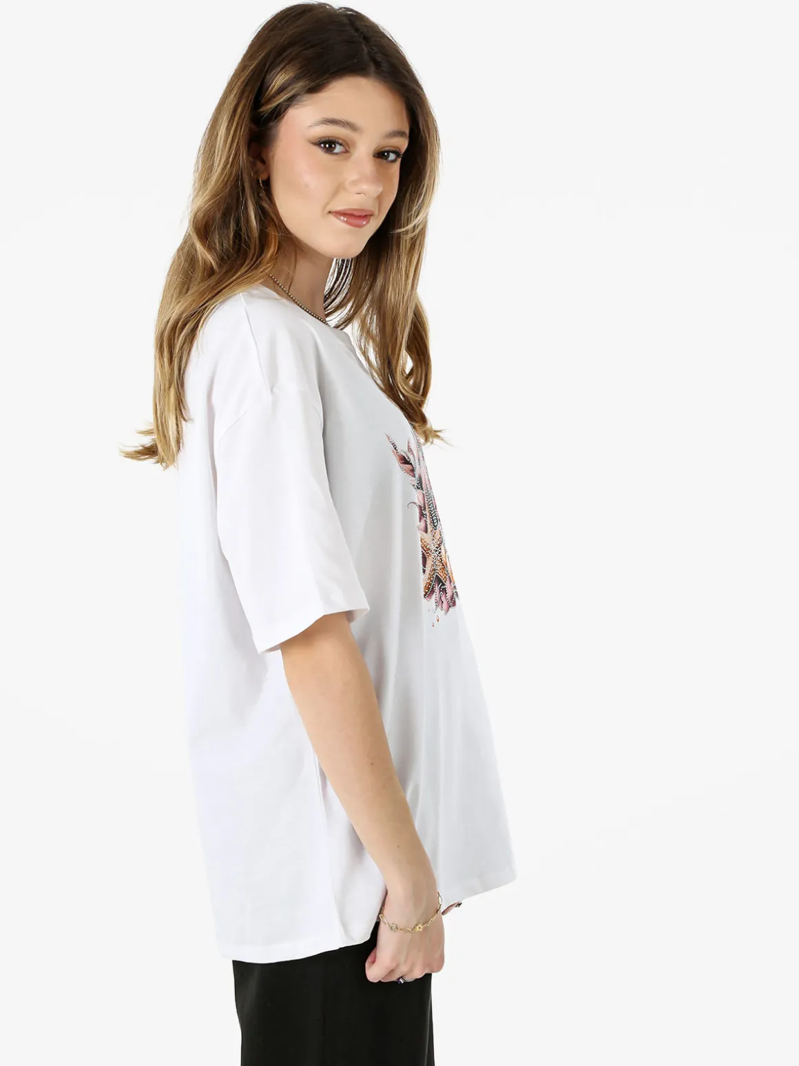 Monte Cervino T-shirt donna oversize in cotone con stampa e strass - rosa
