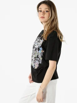 Monte Cervino T-shirt girocollo da donna in cotone con stampe e strass - nero