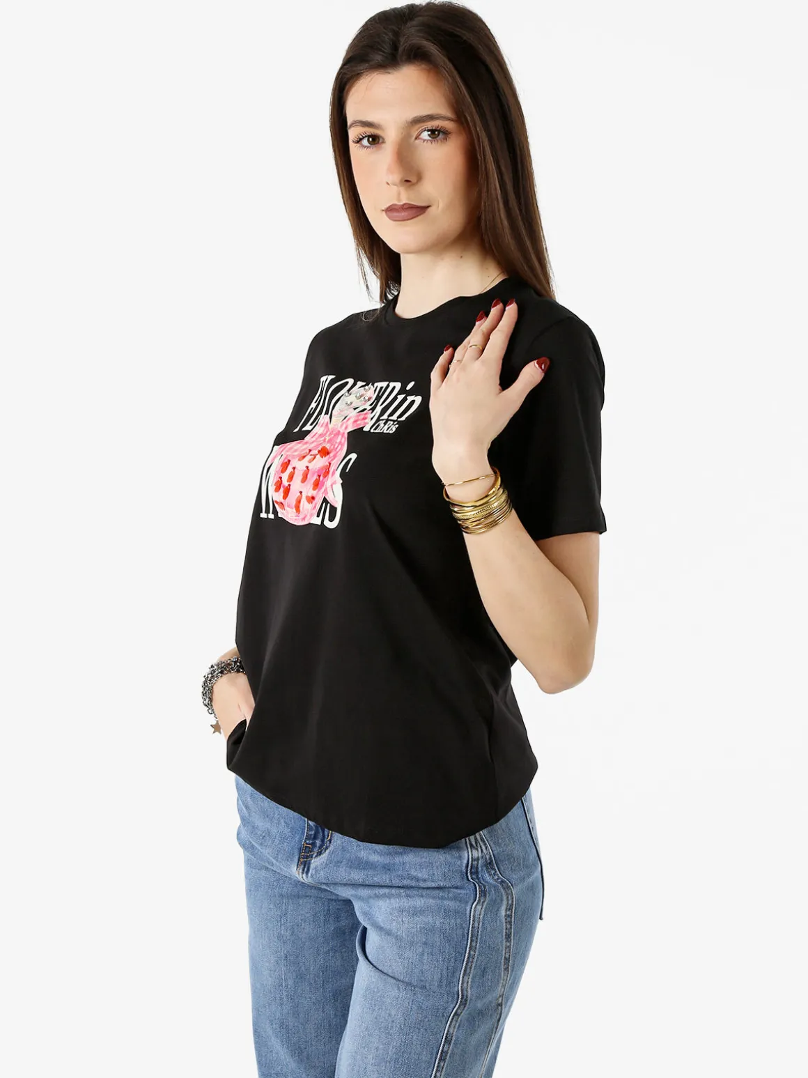 Monte Cervino T-shirt girocollo da donna in cotone con stampe - nero