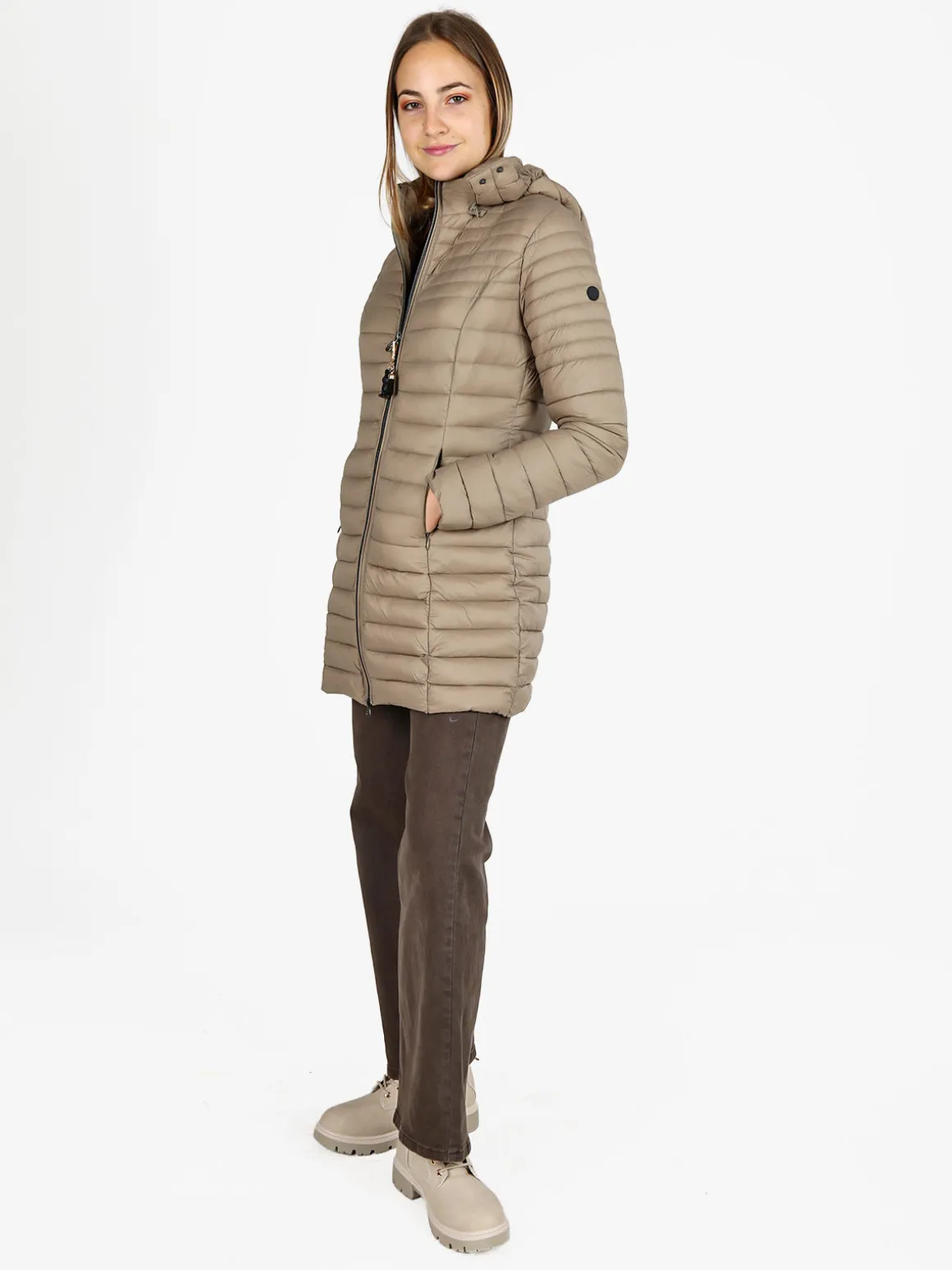 Mont Rose Giubbotto lungo da donna con cappuccio e zip - sabbia
