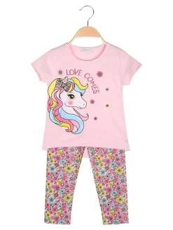 Mouset Completo da bambina 2 pezzi con t-shirt e leggings fiorati a 3/4