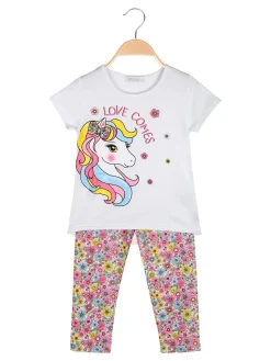 Mouset Completo da bambina 2 pezzi con t-shirt e leggings fiorati a 3/4