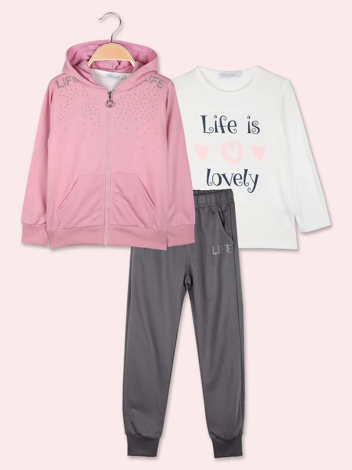 Mouset Completo tuta 3 pezzi da bambina con cappuccio e zip - rosa