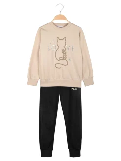 Mouset Completo tuta 2 pezzi da bambina con felpa girocollo e pantaloni - beige