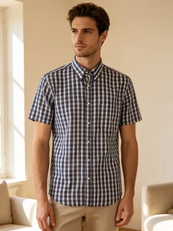 Mrhope Camicia da uomo in cotone a maniche corte con stampa a quadri e taschino - avion