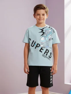 Mr Jek Completo corto da bambino in cotone con t-shirt e bermuda - azzurro